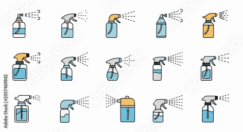 Collection of illustrated spray bottles with varied nozzle and body designs