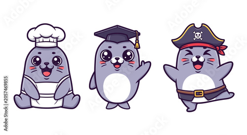 Cartoon Seals in Chef Graduate and Pirate Costumes.