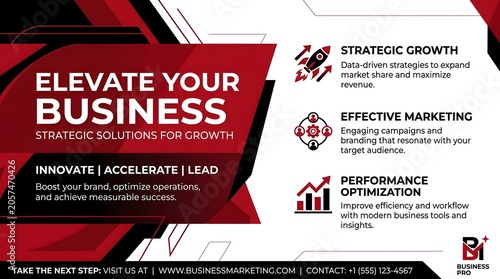 Business growth strategy banner with bold red and black design for corporate marketing visuals.