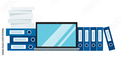 Laptop With Stacks of Paperwork and Binders