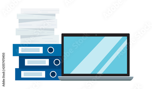 Laptop With Stacks of Paperwork and Binders