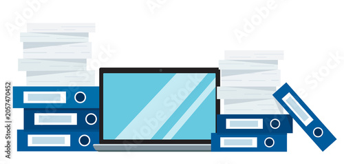 Laptop With Stacks of Paperwork and Binders
