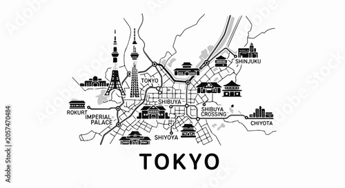 Stylized black and white map of Tokyo highlighting landmarks like Tokyo Tower and Imperial Palace