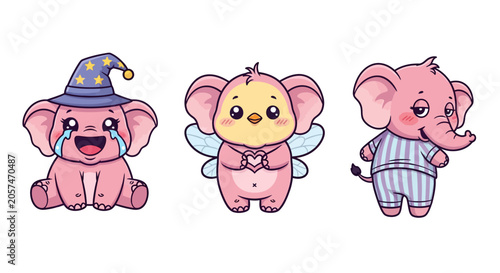 Three Cute Cartoon Elephants in Costumes.
