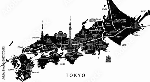 Black and white map of Tokyo highlighting key landmarks and districts with stylized illustrations of buildings and transportation routes