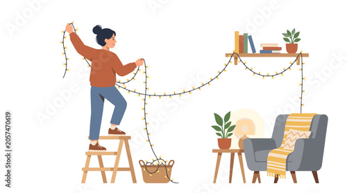 Woman decorating living room with string lights on a stepladder creating cozy atmosphere for holidays or home improvement