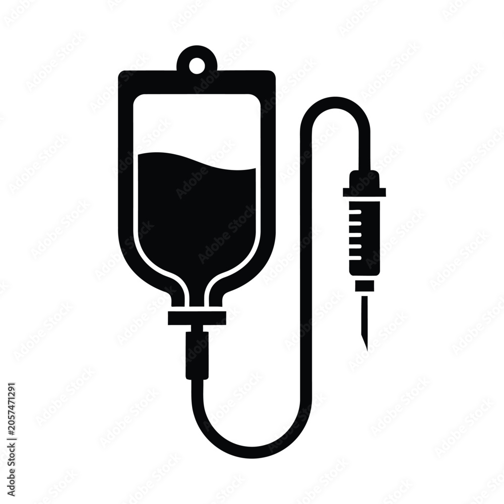 Fototapeta premium Medical IV drip bag icon, intravenous therapy saline bag vector, hospital infusion equipment silhouette for healthcare
