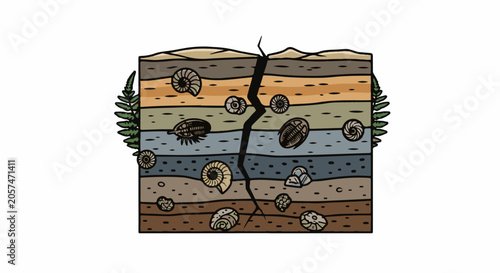 Cartoon cross-section of stratified rock layers with fossils and a central crack