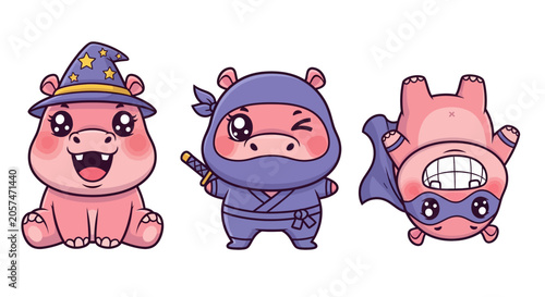 Cute cartoon hippos in fun costumes and outfits.