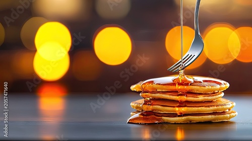 Stack of golden pancakes receives a steady stream of syrup poured from a fork