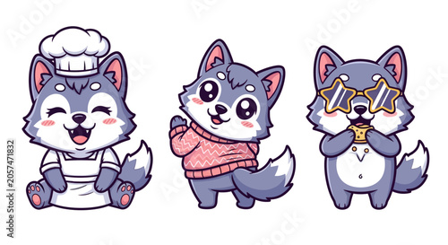 Cute Cartoon Wolves in Different Outfits and Poses.