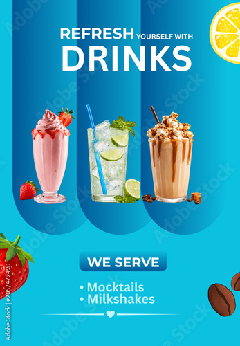 фотографія Summer Drinks Menu Poster - Strawberry Milkshake, Mojito, Caramel Frappe