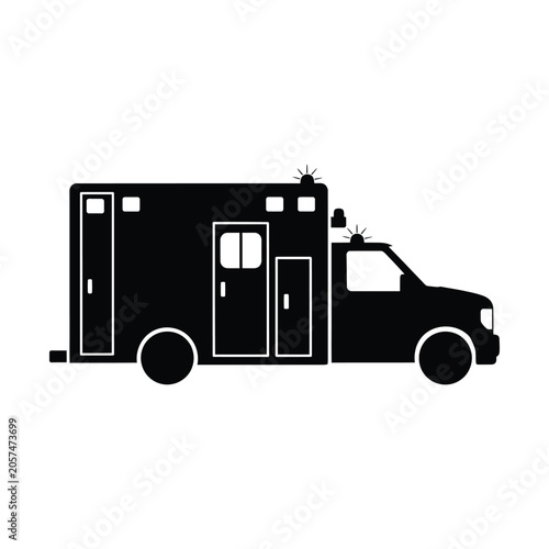Ambulance emergency vehicle silhouette, black medical transport van icon, first responder truck vector illustration