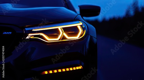 Modern automobile headlight illuminates the dark roadside environment with bright yellow daytime running lights