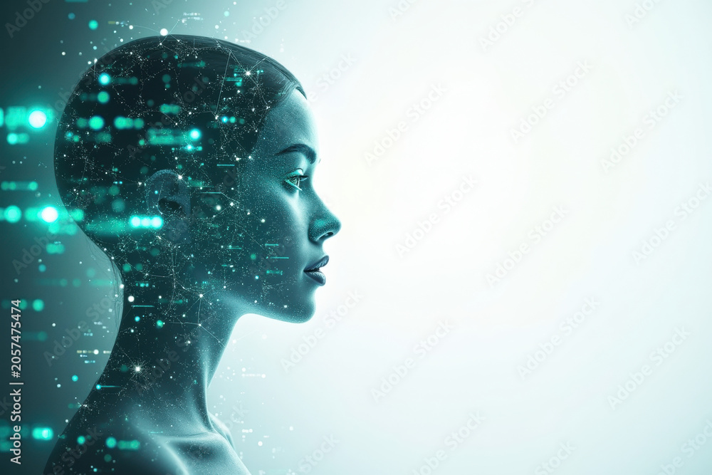 Obraz premium Futuristic AI Woman Profile with Digital Brain Network Overlay