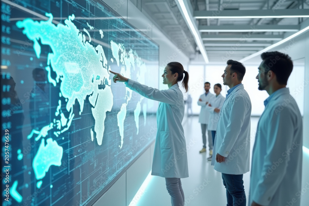 Fototapeta premium Team of Scientists Analyzing World Map on Digital Screen
