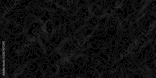 Dark topographic map contour lines background pattern with fine light lines on black surface for sophisticated data visualization design.
