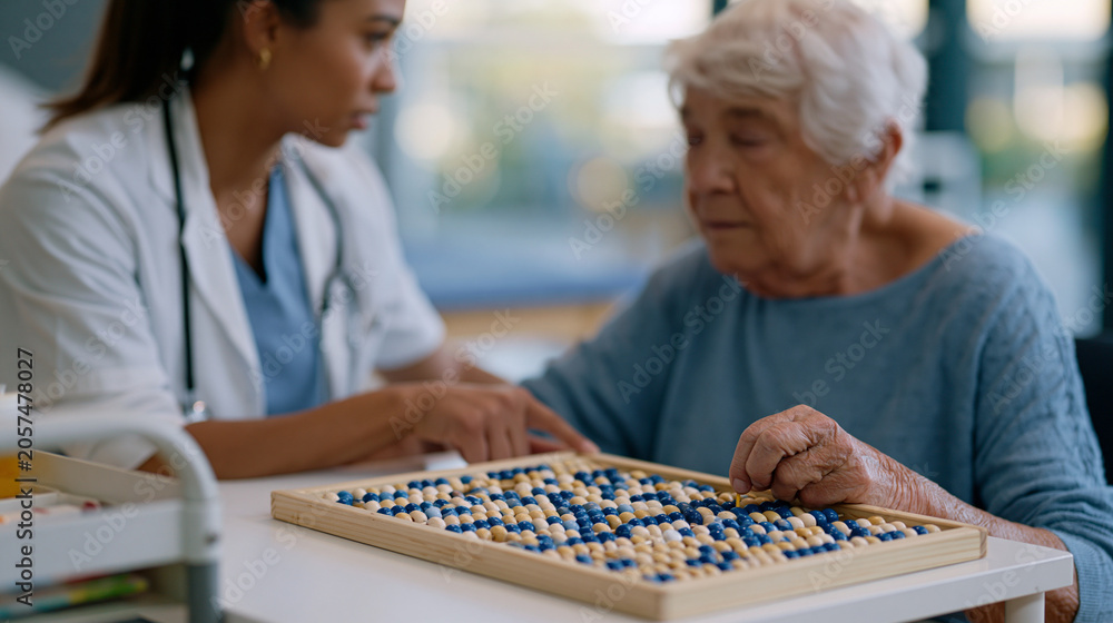 Fototapeta premium Occupational therapist guiding elderly patient through fine motor bead-threading task at therapy table in hospital environment, close up hands holding wooden bead frame steady, concentration visible