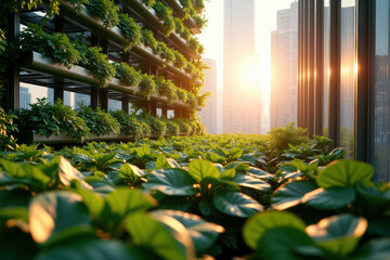 Green Urban Rooftop Garden with City Skylines at Golden Hour Sunset