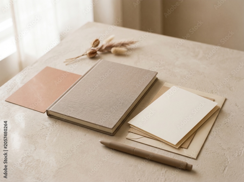 Fototapeta premium Minimalist notebook and pen arrangement on neutral textured surface with dried flowers
