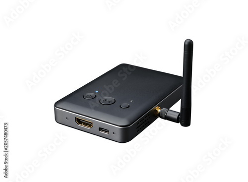 Wireless HDMI transmitter with antenna, portable video streaming device for home theater, black digital media receiver for screen mirroring isolated on Transparent Background