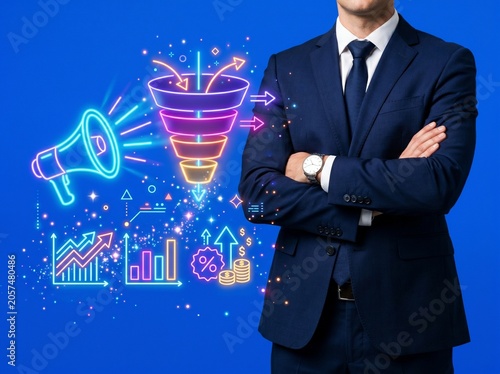 Businessman crosses arms beside a digital sales funnel visualization.