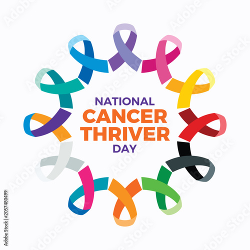 National Cancer Thriver Day poster vector illustration. Cancer ribbons in a circle  symbol. Cancer awareness ribbon many colors icon. Template for background, banner, card. Second Sunday in June