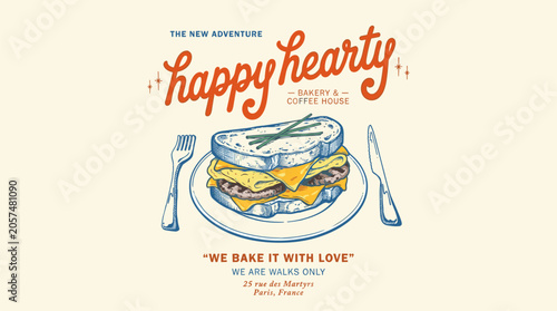 Eat well live well. Happy hearty bakery and coffee house. Vintage sandwich artwork for t shirt print. Poster sticker background. Breakfast graphic.