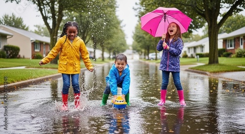 Happy children splashing in rain puddles on suburban street