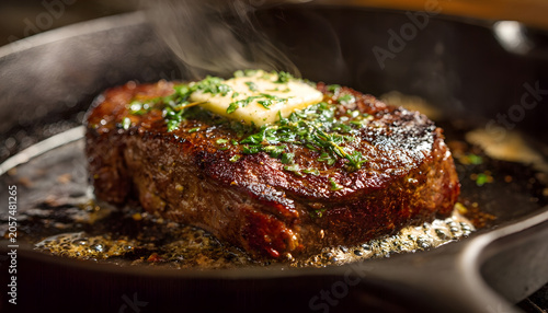Sizzling steak with butter and herbs in a cast iron pan