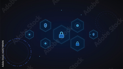 Abstract digital background with glowing blue hexagonal shapes and security lock icons