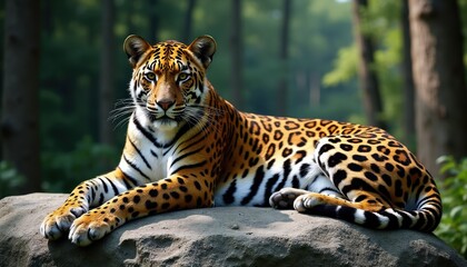 Jaguar rests on rock near forest trees. Big wild cat with spotted fur lies calmly. Powerful predator looks at camera in natural jungle habitat, animal behavior.