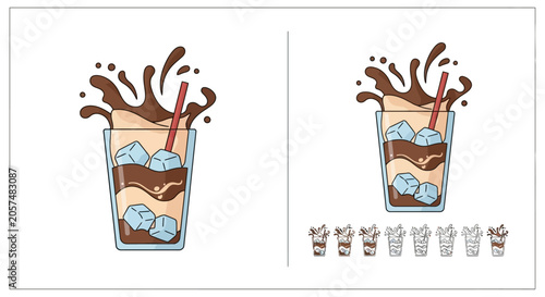 Photography Refreshing iced chocolate drink splashing in a glass with ice cubes and a straw