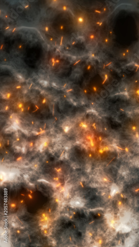 Obraz na plátně Dramatic smoky texture with glowing orange sparks and dark voids, creating an abstract fire and ash background