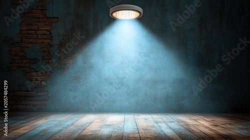 A bright light shines down on a bare wooden floor in a worn atmospheric space