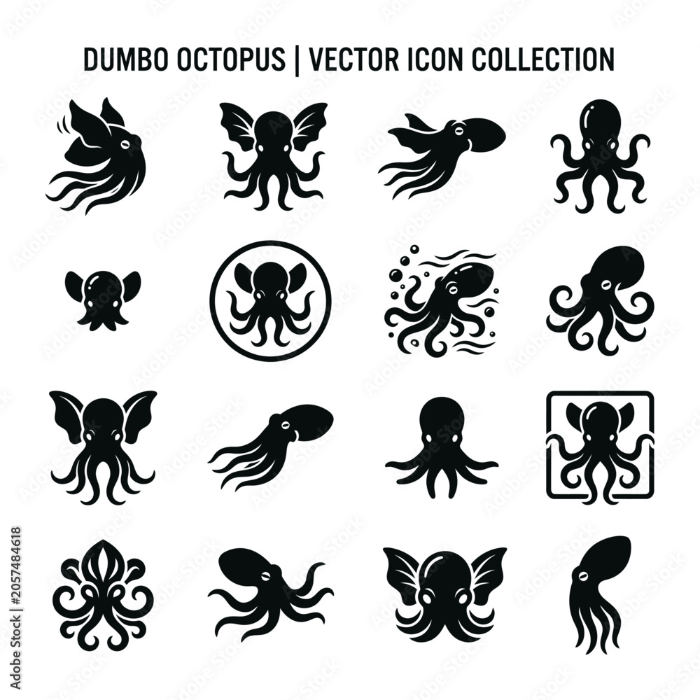 Obraz premium Collection of Dumbo Octopus Vector Icons in Minimalist Silhouette Style