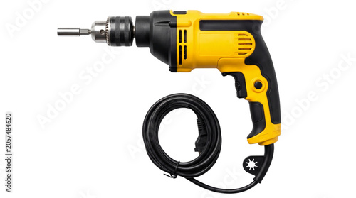 Yellow black corded electric power drill isolated on white background