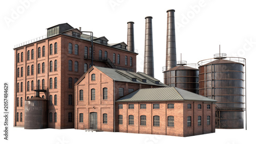 Old Industrial Brick Factory Complex with Smokestacks and Metal Silos