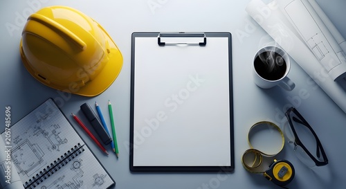 Desk with clipboard, coffee, and hard hat.