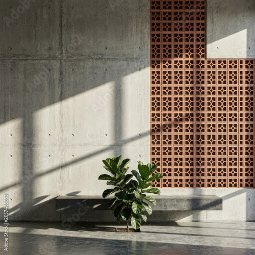 Minimalist Atrium with Terracotta Lattice and Cantilevered Bench