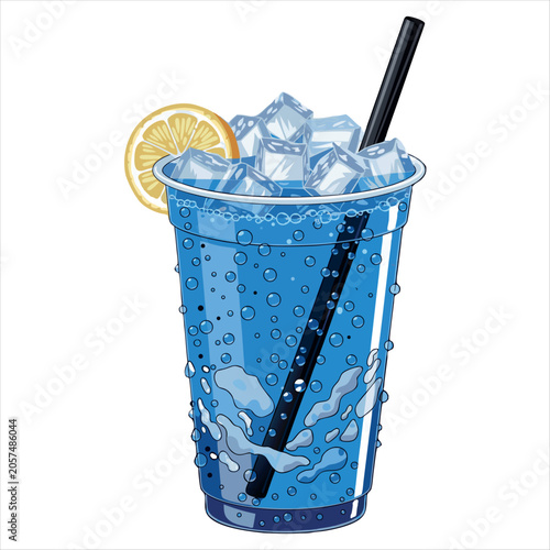Refreshing Blue Lemonade with Ice and Lemon Slice.Cold Citrus Drink in Plastic Cup.Iced Blue Soft Drink with Lemon Garnish.Chilled Lemonade with Ice Cubes.Blue Citrus Beverage in Takeaway Cup.