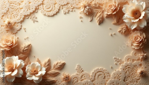 Delicate floral lace border with creamy roses and leaves. Soft textured background. Ideal for wedding invitations, vintage crafts, and feminine design projects.