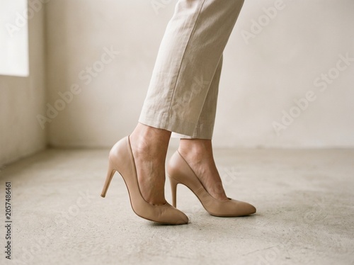 Woman wearing beige high heels standing on minimalist light floor in elegant indoor setting