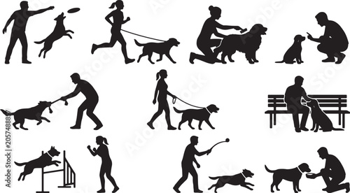 Schilderij op canvas Dog Training and Play Silhouettes: Active People and Pets, Obedience, Agility, F