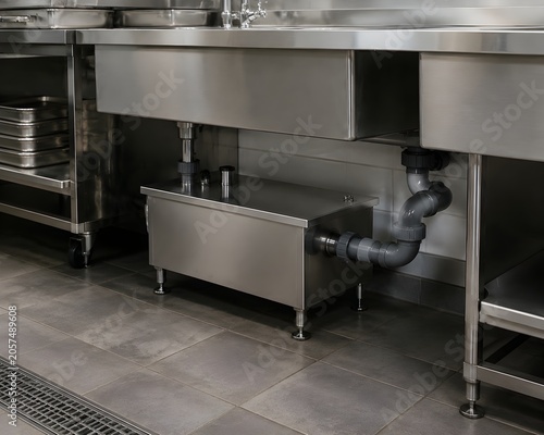 Under sink kitchen grease interceptor oil trap installation with professional metallic plumbing and gray joints