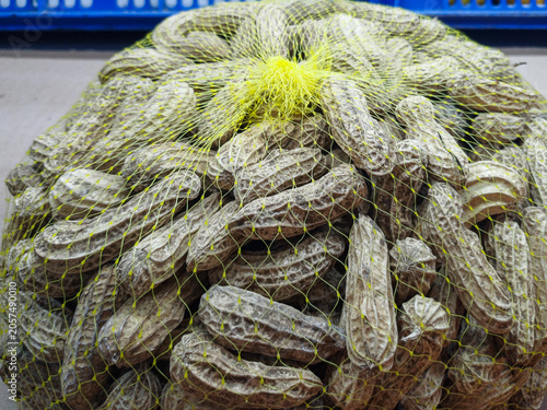 Raw unshelled peanuts inside yellow plastic mesh bag net container. Closeup texture background of organic groundnuts group sale in traditional retail market.