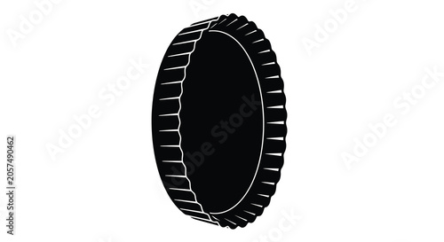 Circular metallic object with grooved edge black silhouette
