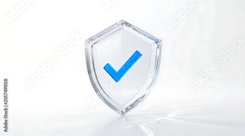 Crystal shield with blue checkmark isolated on a clean white background