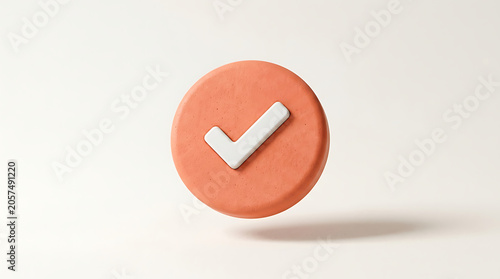 3D coral button checkmark isolated on a clean white background