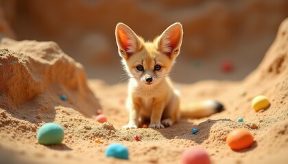 Cute fennec fox kit sits in sand with colorful balls. Small desert animal with big ears plays in sandy enclosure. Tiny wild fox cub explores play area.